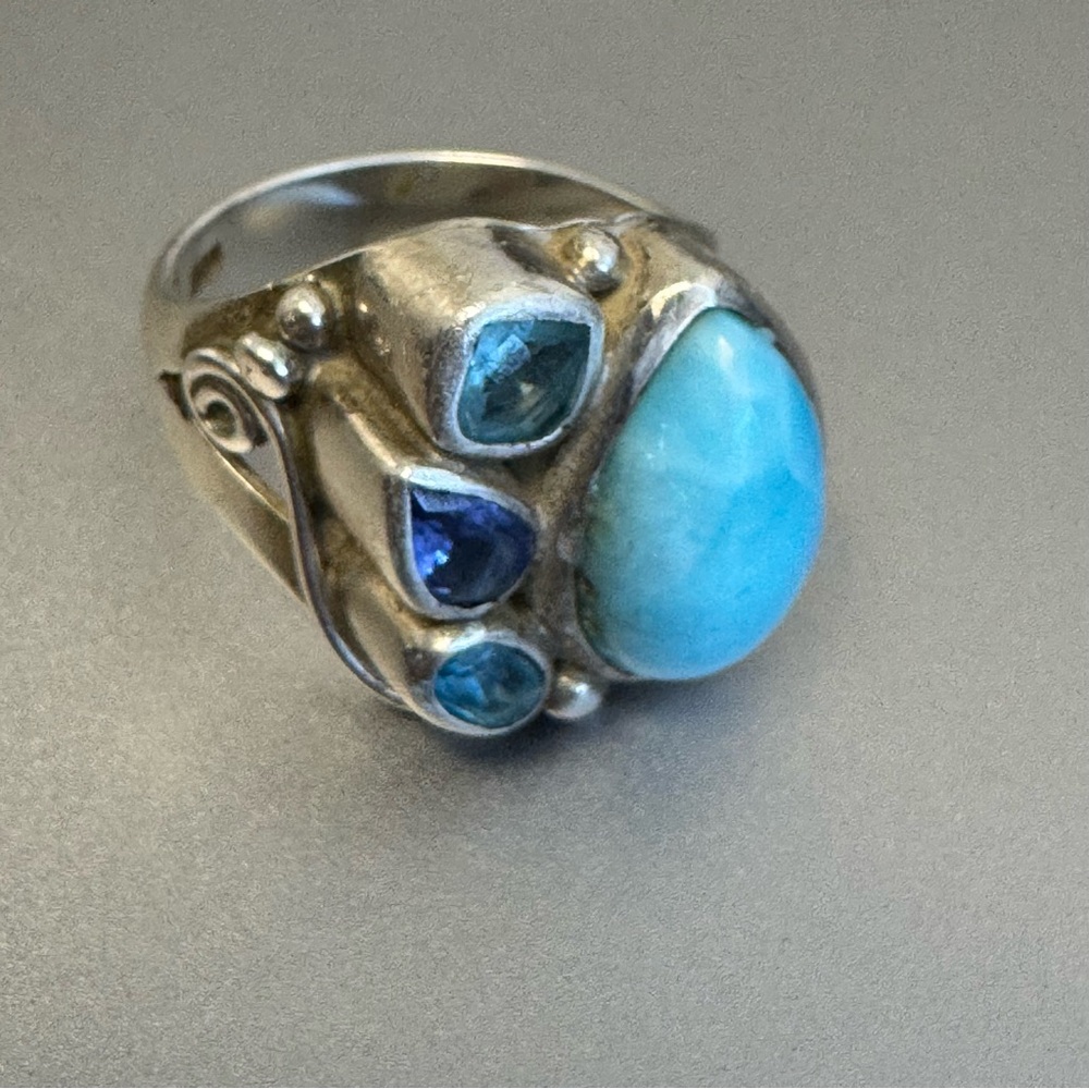 Artisan Larimar silver ring with blue topaz